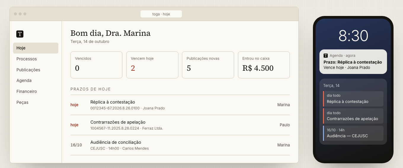 Toga dashboard screen, a legal practice management system